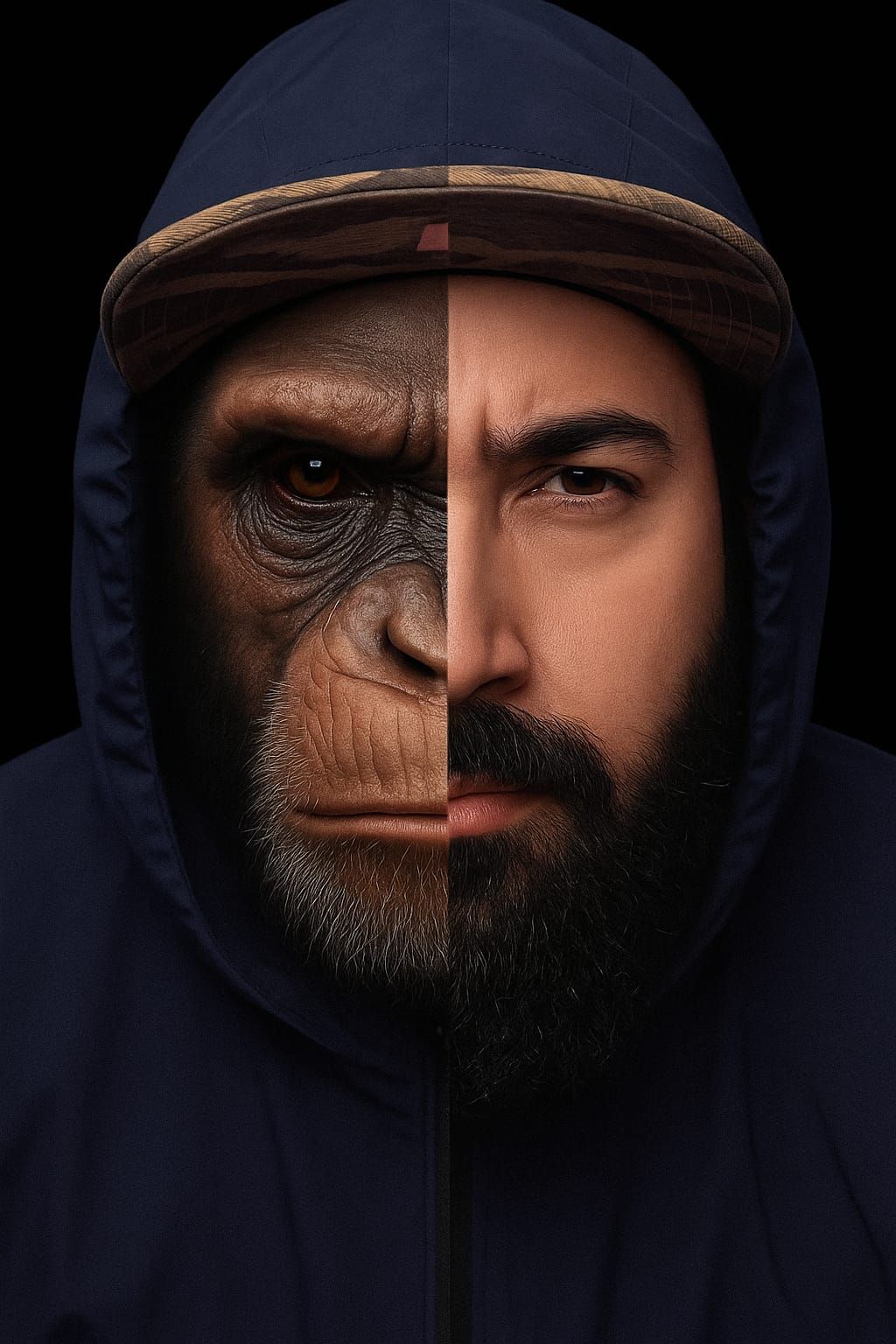 Split portrait showing a chimpanzee face merging with a human male face in a hoodie.